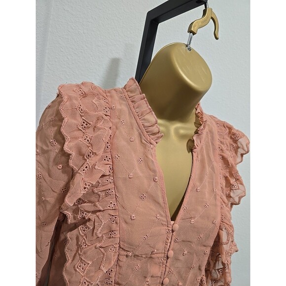 Romantic Sheer Ruffle Blouse Womens Sz S Mauve Eyelet Swiss Dot Victorian Dainty - Picture 2 of 7